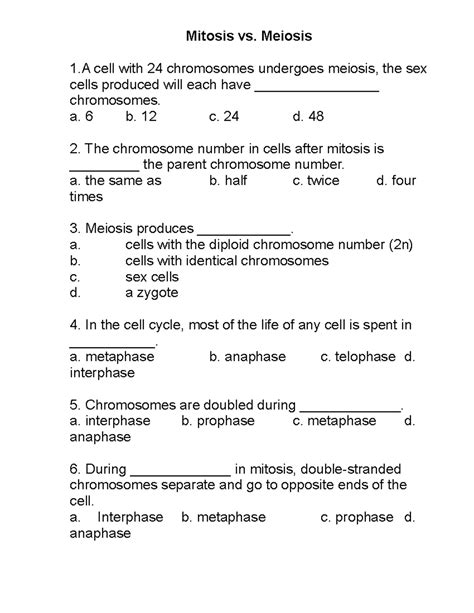 Mitosis Vs Meiosis Quiz Key 2018 Mitosis Vs Meiosis 1 Cell With 24