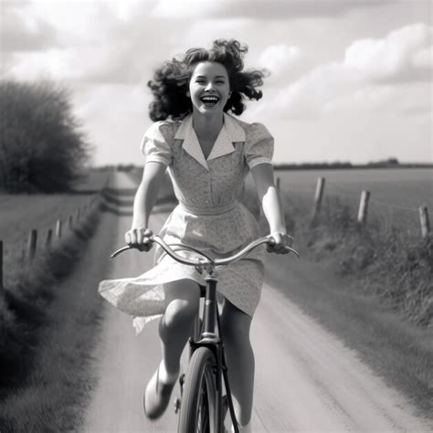 Premium AI Image 1940 1950 Woman And The Bike White And Black Photography