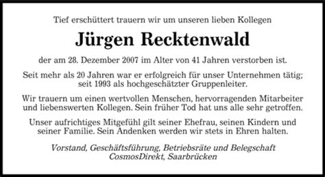 Traueranzeigen Von J Rgen Recktenwald Saarbruecker Zeitung Trauer De