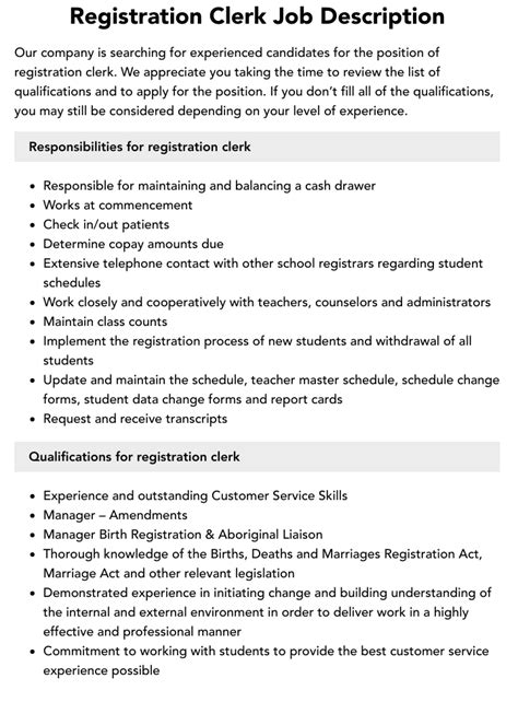 Registration Clerk Job Description Velvet Jobs