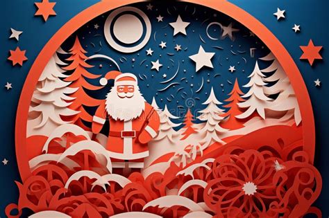 Christmas Papercut Style Santa Claus And Christmas Tree Generative Ai