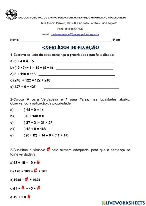 Exercícios Propriedades Adição Activity Live Worksheets