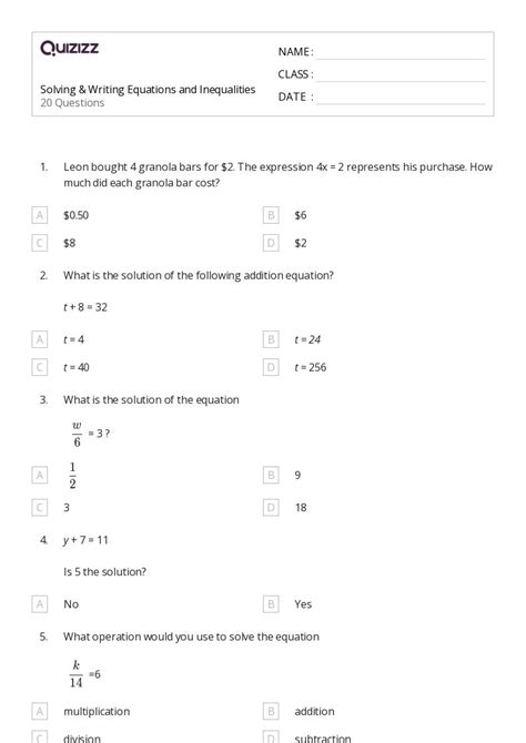 50 Writing Equations Worksheets For 5th Year On Quizizz Free And Printable