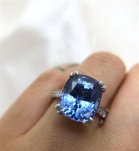 Blue Sapphire Engagement Ring Cushion Cut Ring Sapphire Pave Ring