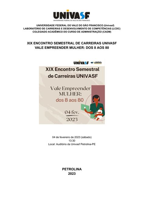 Pdf Xix Encontro Semestral De Carreiras Univasf Vale Empreender