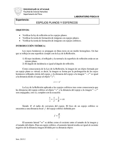 Guía de Laboratorio N 1 Espejos Planos y Esfericos Experiencia