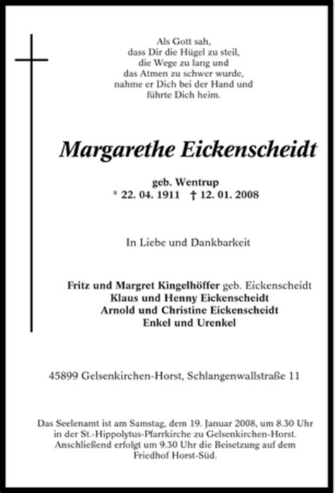 Traueranzeigen Von Margarethe Eickenscheidt Trauer In Nrw De