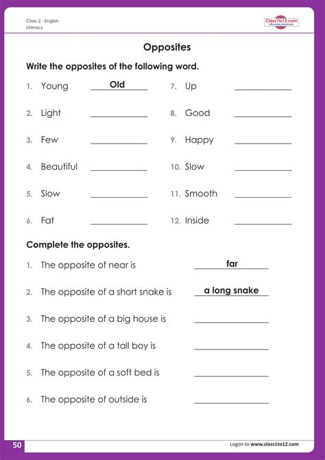 Opposites Worksheet For Class 1