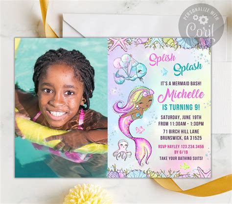 Mermaid Invitation With Picture Editable Template Splish Splash Mermai Partyrainbow