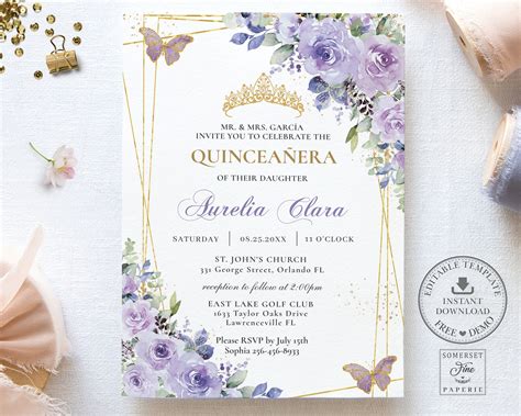 Purple Lilac Floral Quinceañera Invitation INSTANT DOWNLOAD, Butterflies Mis Quince 15 Anos ...