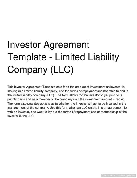 Investor Agreement Template Limited Liability Company Llc