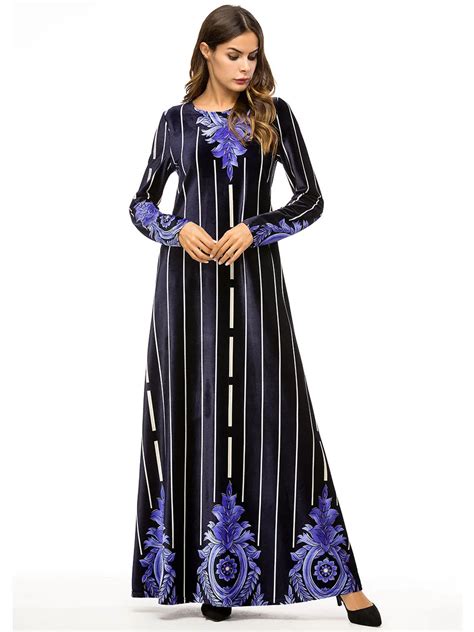 Muslim Women Long Sleeves Velvet Embroidery Dubai Dress Maxi Abaya