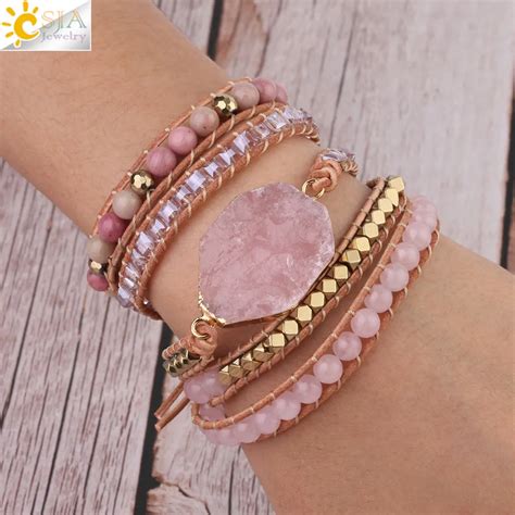 CSJA Natural Gems Stone Raw Pink Quartz Crystal Beads Statement