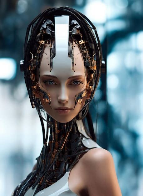 Retrato Visionario De Una Mujer Mitad Humano Mitad Robot Foto Premium