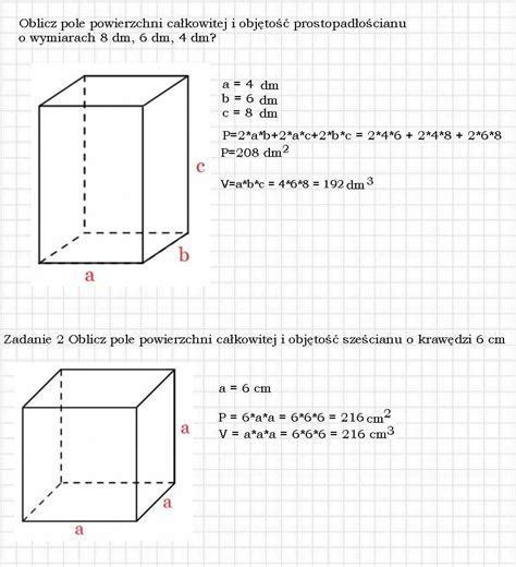 Oblicz pole powierzchni całkowitej i objętość prostopadłościanu o