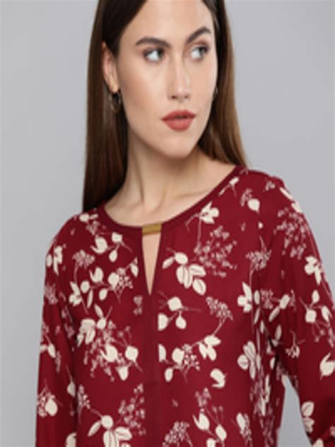 Buy Chemistry Red And White Floral Print Keyhole Neck Regular Top Tops