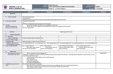 Dll Science 5 Q4 W3 Dddd Grades 1 To 12 Daily Lesson Log School