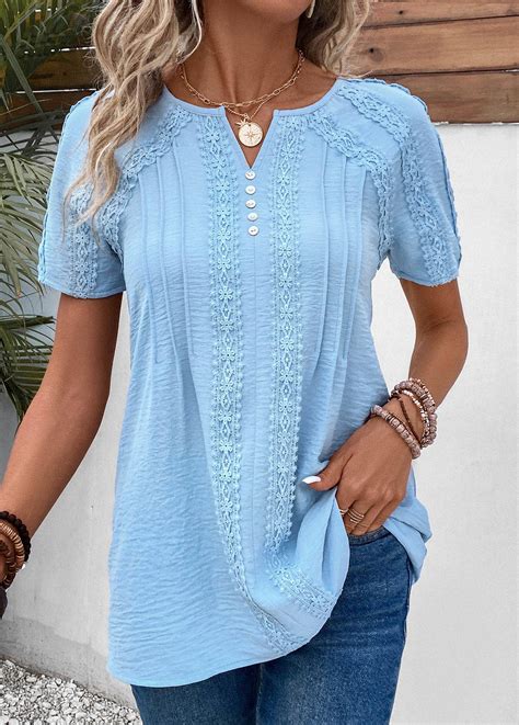 Light Blue Patchwork Short Sleeve Split Neck Blouse Modlily Usd