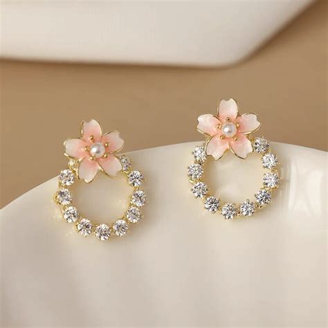 S Silver Needle Cute Sakura Cherry Blossom Flower Stud Brincos Para