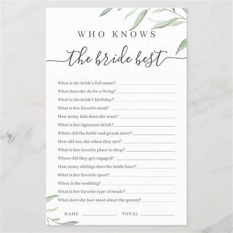 Minimal Greenery Who Knows The Bride Best Game Zazzle Fun Bridal