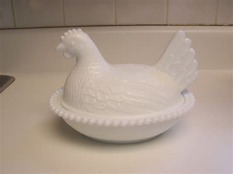 Vintage Milk Glass Hen On Nest Dish White Glass Chicken On