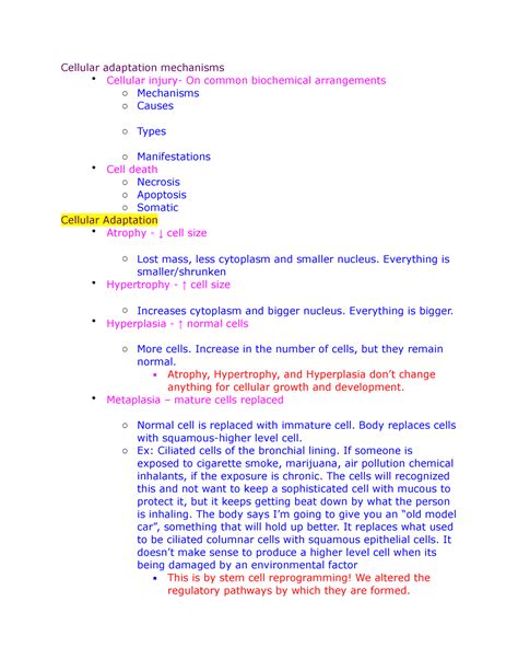 Patho Exam Notes Study Guide Cellular Adaptation Mechanisms