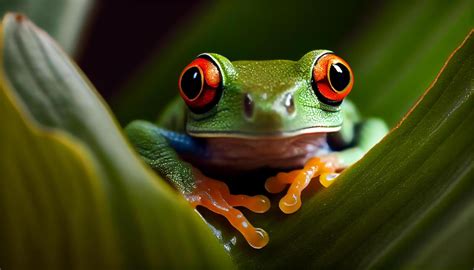 Red Eyed Tree Frog Peeking Out From Leaf Generated By Ai Stock