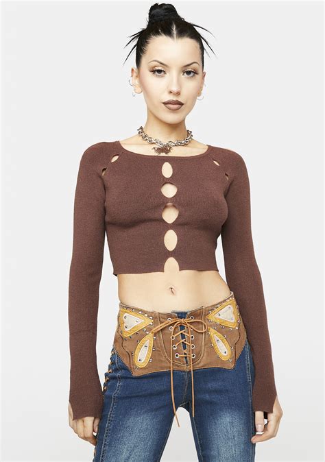 Holes Cut Out Long Sleeve Crop Top Brown Dolls Kill