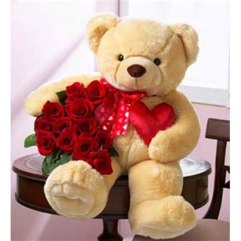 Cute Teddy Bear with Roses in a Bouquet and Heart