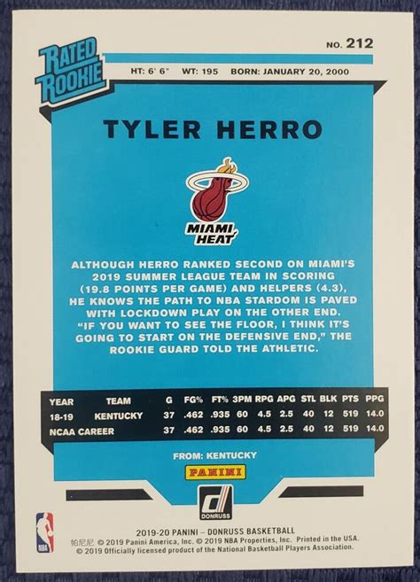 2019 20 Panini Donruss Rated Rookies Tyler Herro 212 Rookie RC Miami