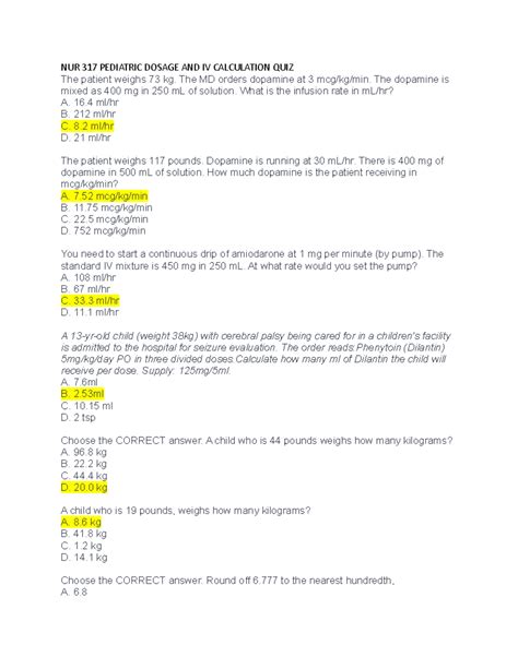 Nur Pediatric Dosage And Iv Calculation Quiz Nur Pediatric