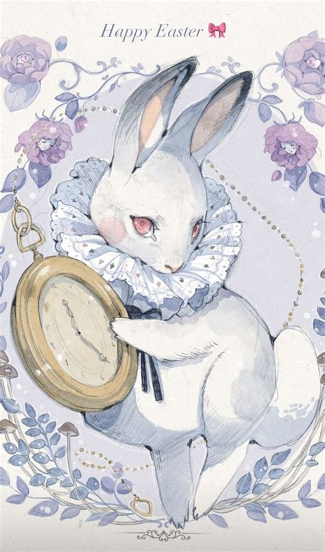 A Drawing Of A White Rabbit Holding A Clock In Its Paws With Flowers