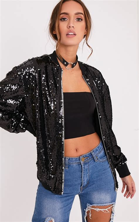 Iola Black Sequin Bomber Jacket Prettylittlething Usa