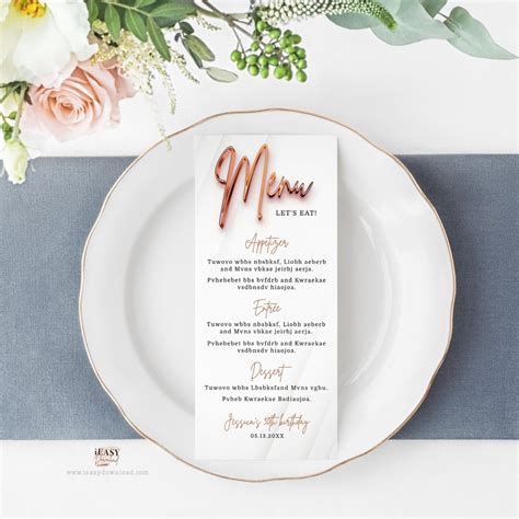 Editable Menu Card Template Rose Gold Theme Party Modern Rose Gold