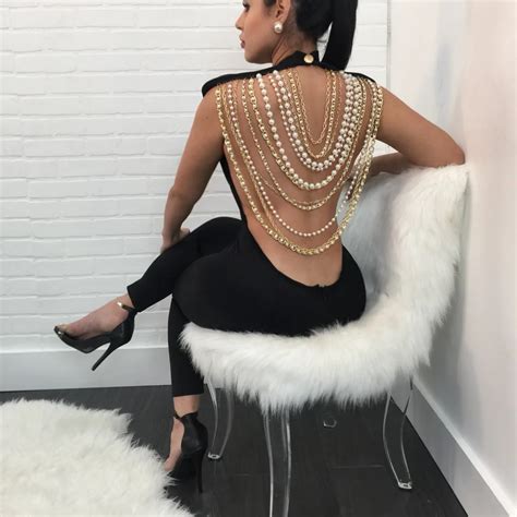 Pearl Chain Backless Sexy Bodycon Jumpsuit Women 2018 Elegant Party