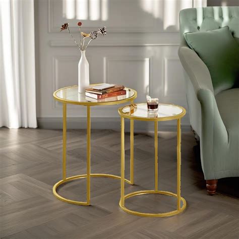 Set Of 2 Round Gold Nesting Tables With Tempered Glass By Debenhams