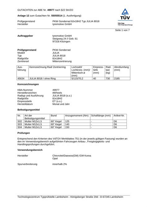 PDF GUTACHTEN Zur ABE Nr Nach 22 StVZO Anlage 12 Zum Felgen