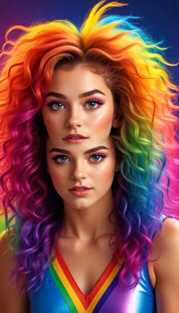 A Picture Of A Woman With Rainbow Hair And A Rainbow Colored Hair