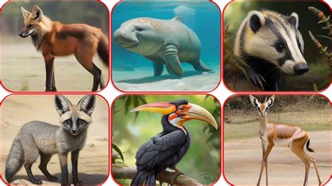 Wild animal sounds such as maned wolf, dugong, dog badge, bat eared fox ...