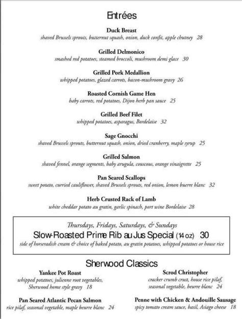 The Sherwood Inn menu in Skaneateles, New York, USA