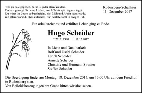 Traueranzeigen Von Hugo Scheider Zvw Trauer