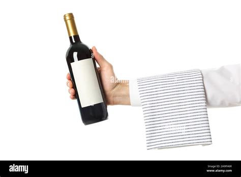 Male Hand Holding Bottle Of Wine Isolated On White Background Stock