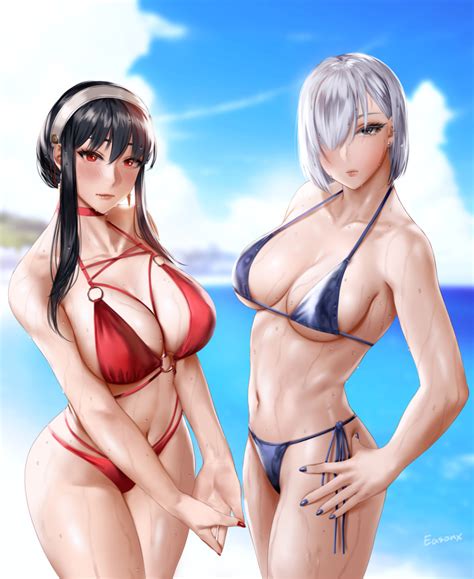 Rule 34 2023 2girls Assassin Bangs Beach Bikini Black Hair Blue Bikini Blue Nails Blush