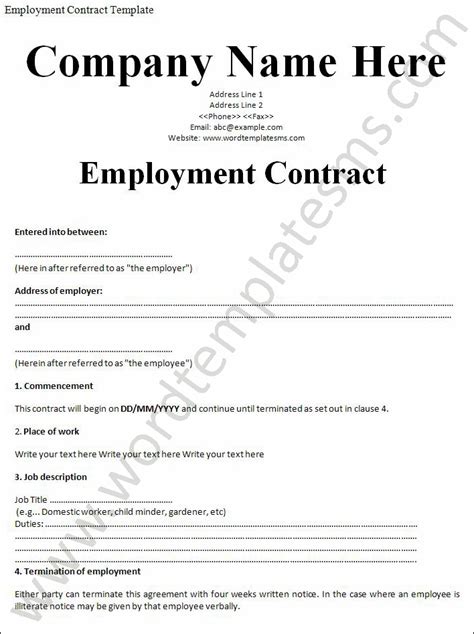 Free Printable Employment Contract Sample Form Generic