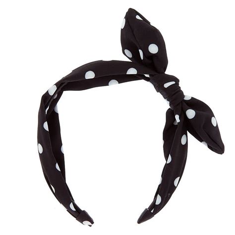 Polka Dot Knotted Bow Headband Black Claires