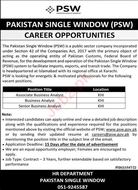 Pakistan Single Window Psw Islamabad Job Job Advertisement