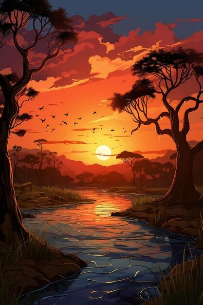 Premium AI Image | Beautiful sunset in savanna