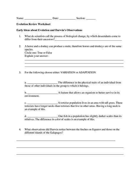 Evolution Review Worksheet Name Date Section