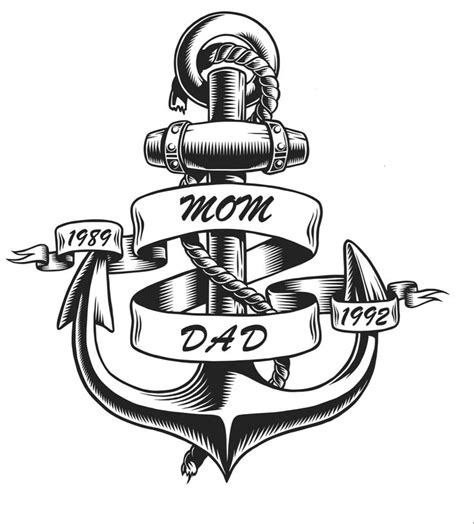 An Anchor And Ribbon With The Word Mom On It In Black And White Ink