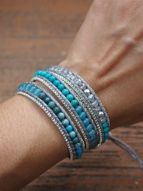 3 Times Turquoise Beaded Mix Wrap Bracelet With Chain Beadwork